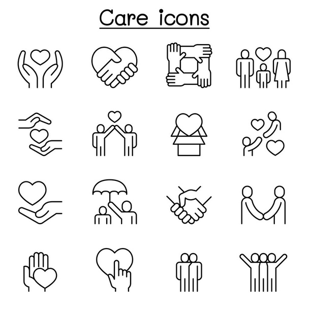 Care, generous and sympathize icon set in thin line style - Vector, Image