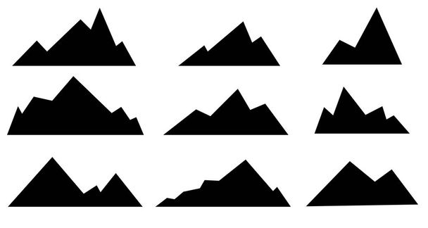 Umění vektorového vektoru pro loga. Pohoří silueta krajiny. Sbírka černé abstraktní vysoké hory na bílém pozadí - Vektor, obrázek