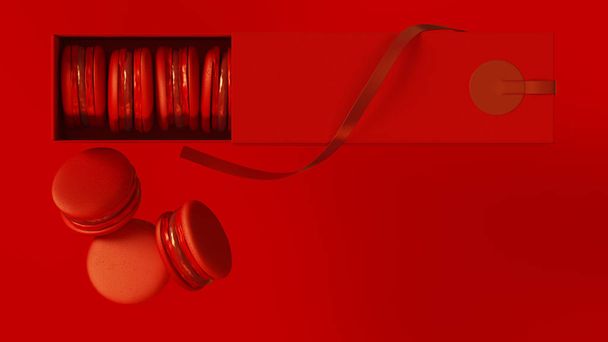 Red Macrons Macaroon in a Fancy Box 3d illustration 3d render - Foto, imagen