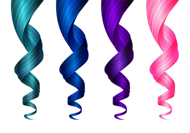 Set of Creative Colored Wavy Strands of Hair. Vector Realistic 3d Illustration. - Wektor, obraz