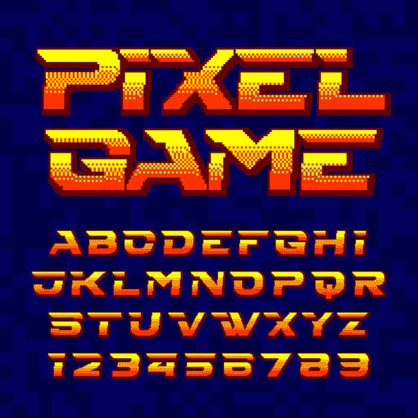 Retro style arcade games font. 80s video game alphabet letters and numbers  royalty free illustration