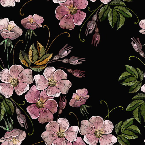 Hímzés vad rózsaszín virágok varratmentes mintát. Divatsablon  - Vektor, kép