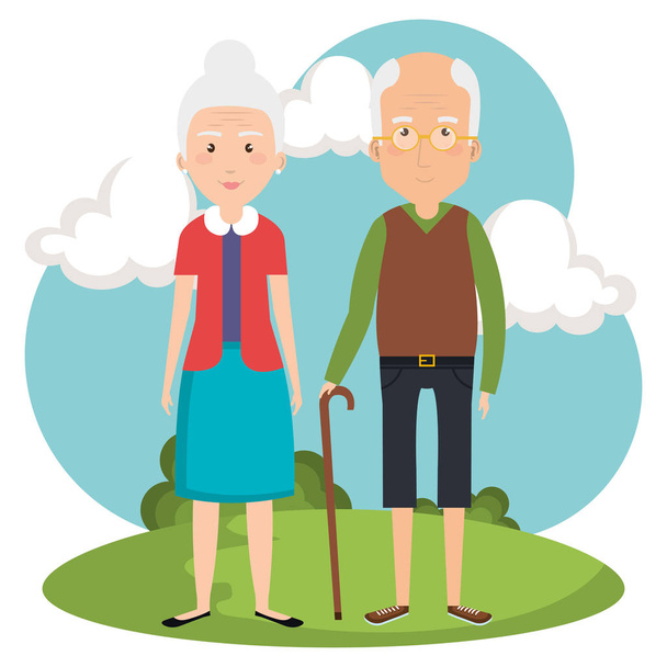 grootouders paar in het Park Avatars - Vector, afbeelding