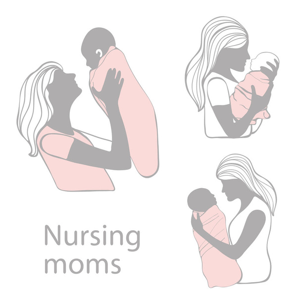 Ápolási mamák szép gyűjtemény. A szoptató anyák sziluettje - Vektor, kép