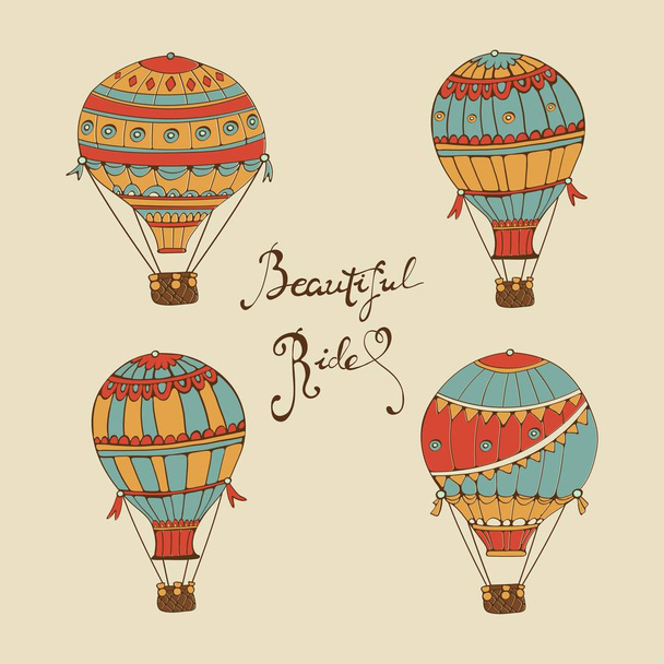 schöne Fahrt Sammlung von Heißluftballons. handgezeichnete digitale Illustration mit buntem Heißluftballon - Vektor, Bild