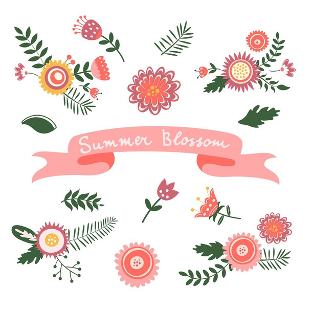 Letní květ. Úžasné měkké barvy květinové prvky, listoví a větvičky - Vektor, obrázek