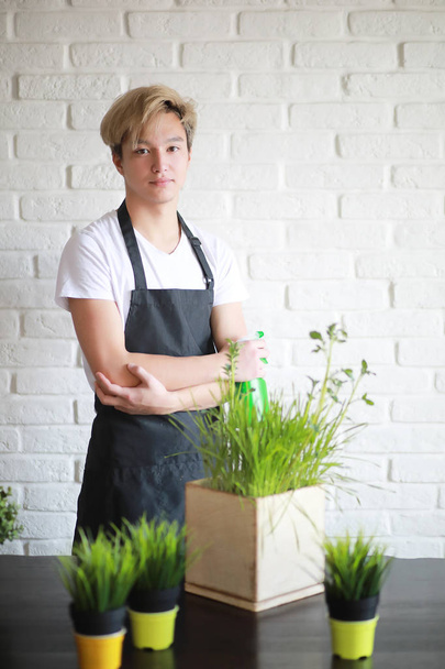 junger asiatischer Junge kümmert sich um Zimmerpflanzen - Foto, Bild