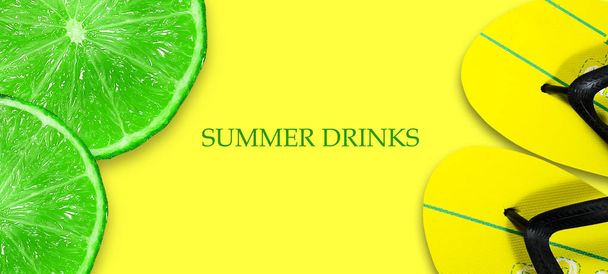 Concept of a summer holiday. Beach slippers and sliced lime on a bright yellow background. Copy space. Top View. Place for text. Easy to clean text. Summer holiday banner. - Photo, Image