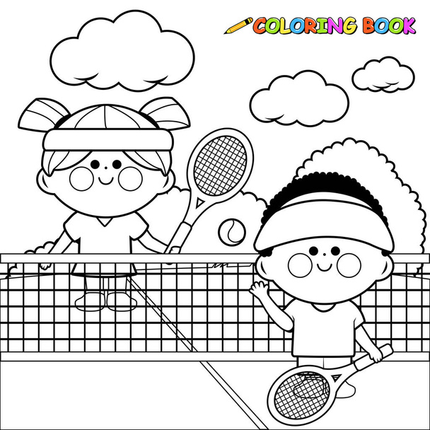 Kids playing tennis at tennis court. Black and white coloring page  - Vetor, Imagem