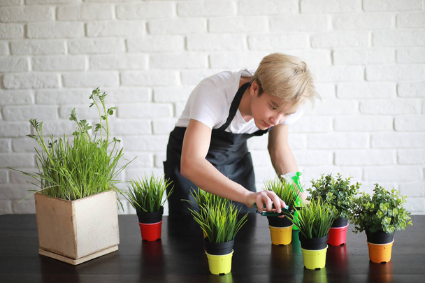 Młody chłopiec azjatyckich zajmuje się rośliny rosnące w pomieszczeniach - Zdjęcie, obraz