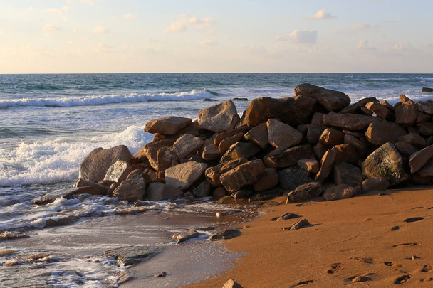 stones and shells lie on the shores of the Mediterranean in northern Israel  - Foto, imagen