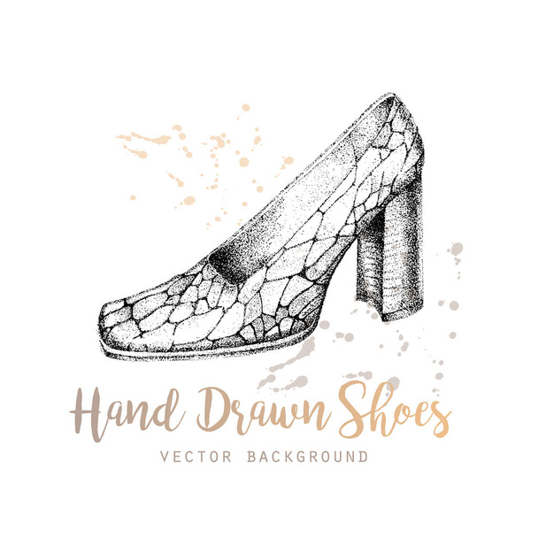 Elegant hand drawn womans shoe. Design template for label, banner, postcard, flyer. Vector illustration. - Vektör, Görsel