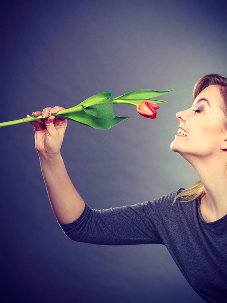 Charming woman smelling flower feel peace. - Fotó, kép