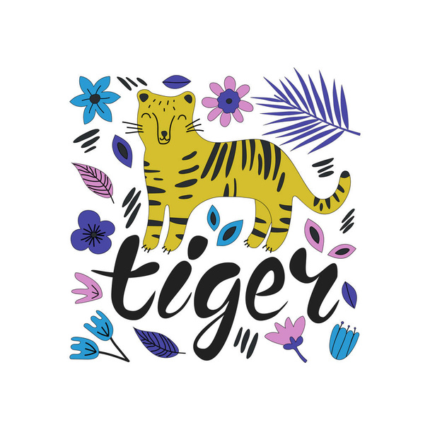 Hand drawn colofrul tiger with flowers. Tiger - word with cute design. Scandinavian style design. Vector illustration - Vector, afbeelding