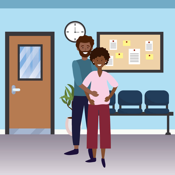 tıbbi hastane odasında karikatür vektör illüstrasyon grafik tasarım hamile mutlu aile çift - Vektör, Görsel
