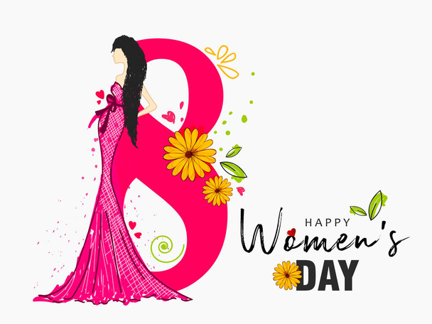 Internationale Frauentagskarte mit Frau und gelben Blumen, Vektorillustration mit Text vom 8. März, Banner, Tapete, Poster, Kopfzeile - Vektor, Bild