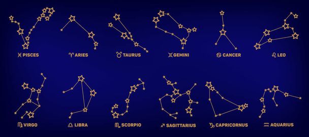 Vektori joukko Zodiac merkkejä, tähdet, tähtikuvioita kultainen väri tummansininen tausta. Logo, tatuointi tai kuvitus. Astrologinen ennuste, horoskooppi yhden merkin
. - Vektori, kuva