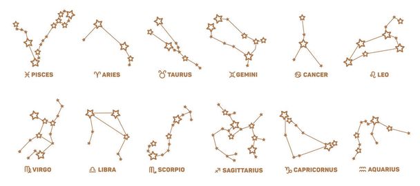Conjunto vetorial de signos do zodíaco, estrelas, constelações cor dourada sobre um fundo branco. Logotipo, tatuagem ou ilustração. Previsão astrológica, horóscopo para um único sinal
. - Vetor, Imagem