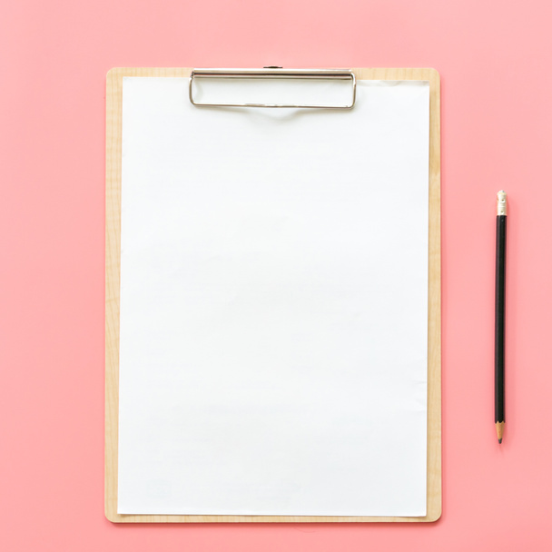 Blank clipboard and pencil mock up on pink pastel color backgrou - Photo, Image