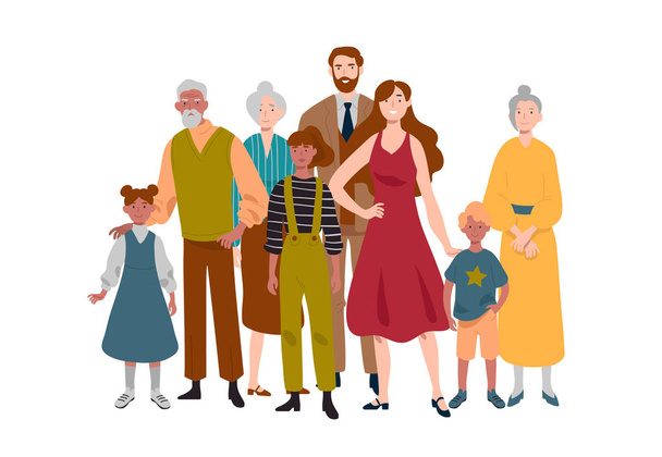 Το πορτρέτο της μεγάλης οικογένειας. Μητέρα, πατέρας, παιδιά, γιαγιά, παππούς. - Διάνυσμα, εικόνα
