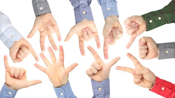 A férfi kéz különböző gesztusai egy fehér Bac - Fotó, kép