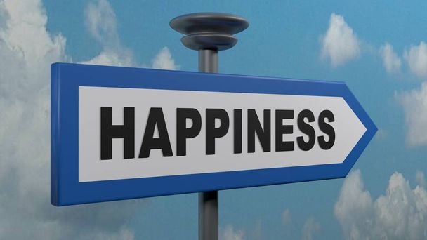 Un panneau de signalisation de rue bleu et blanc avec l'écriture HAPPINESS - illustration de rendu 3D
 - Photo, image