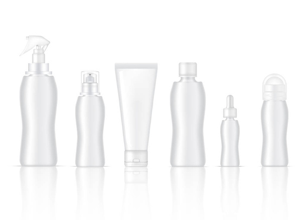 Botella Mock up Realistic Skincare producto aerosol, desodorante, jabón de espuma, suero gotero, loción de la bomba y tubo de limpieza Embalaje sobre fondo blanco ilustración
 - Vector, Imagen