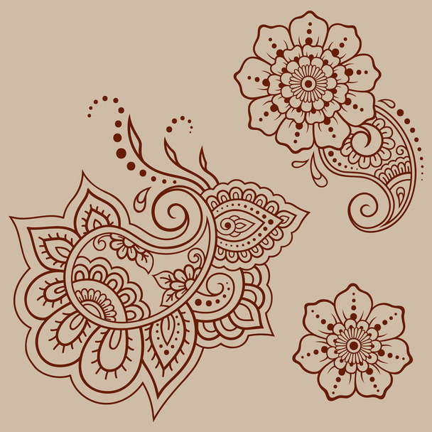 Set di motivo floreale Mehndi per disegno e tatuaggio Henna. Decorazione in stile etnico orientale, indiano. Ornamento Doodle. Illustrazione vettoriale di disegno a mano contorno. - Vettoriali, immagini