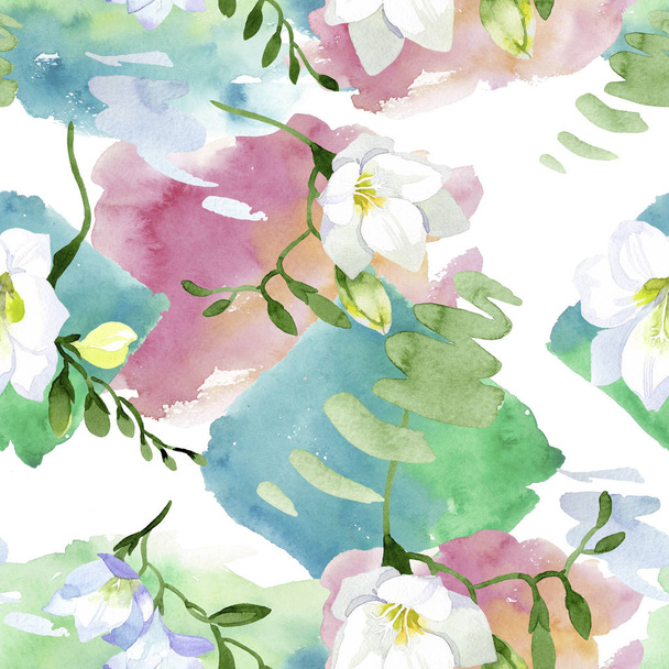 White freesia floral botanical flowers. Watercolor background illustration set. Seamless background pattern. - Foto, Imagen