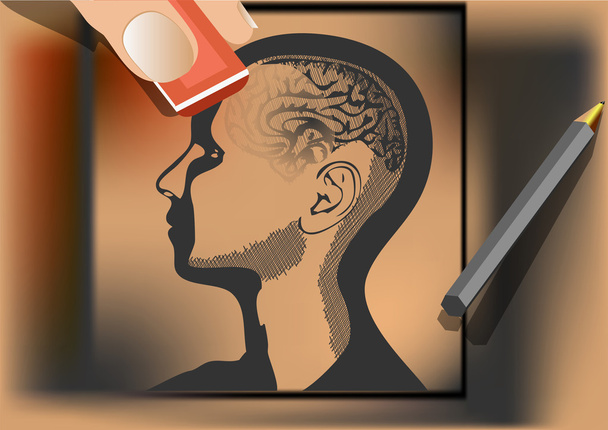 πλύση εγκεφάλου. καλλιτέχνης σκουπίζει ανθρώπινος εγκέφαλος με γόμα - Διάνυσμα, εικόνα