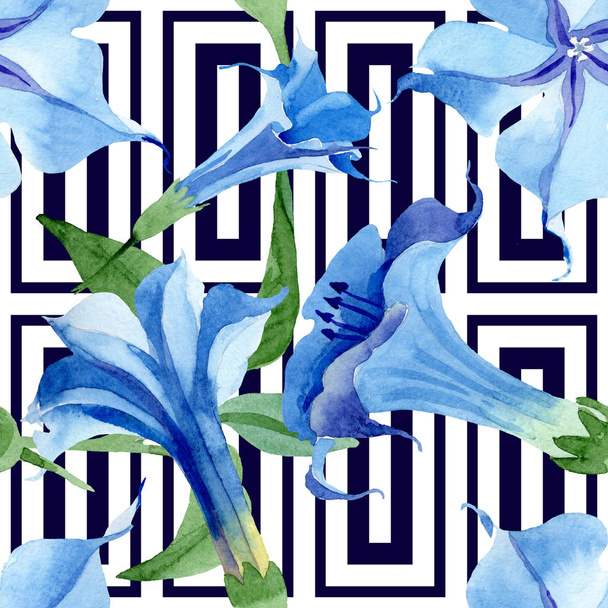Blue brugmansia floral botanical flowers. Watercolor background illustration set. Seamless background pattern. - Foto, imagen