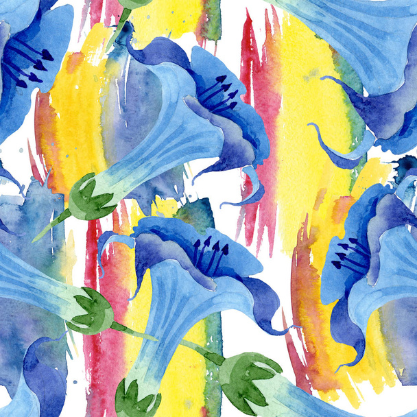 Niebieski Brugmansia kwiatowy kwiatów botanicznych. Akwarela zestaw ilustracji tła. Płynny wzór tła. - Zdjęcie, obraz