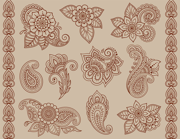Set of Mehndi flower pattern and seamless border for Henna drawing and tattoo. Decoration in oriental, Indian style. - Vector, Image
