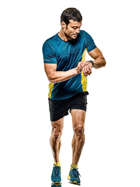 mature man running runner jogging jogger isolated white background - 写真・画像