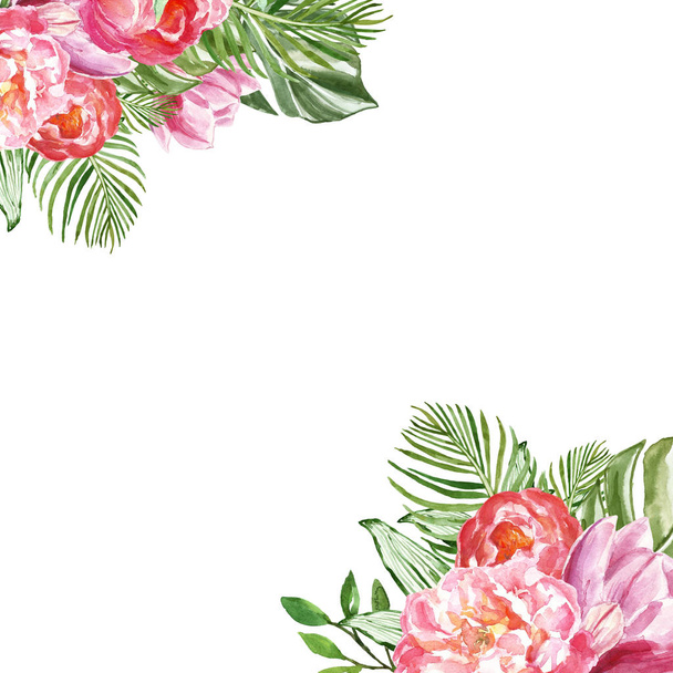Akvarell trópusi virágos illusztráció pálmalevél és zöld egzotikus lombozat. Pink virágok kártyák tervezése. - Fotó, kép