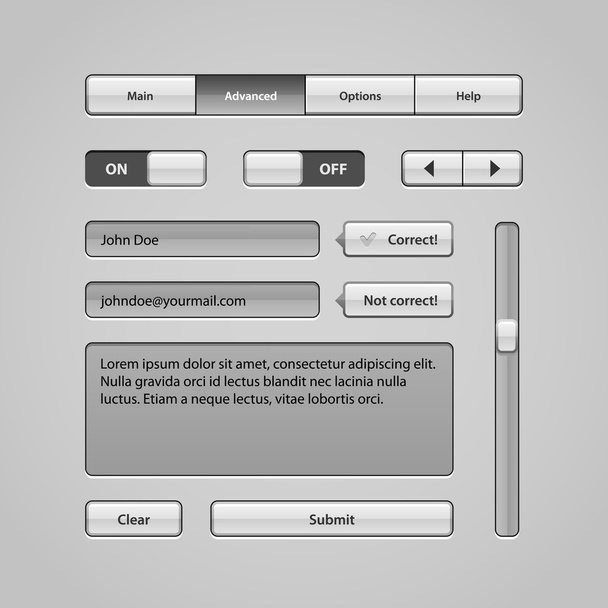Clean Light User Interface Controls 5. Web Elements. Website, Software UI: Buttons, Switchers, Arrows, Navigation Bar, Menu, Search, Comments, Scroll, Scrollbar, Input, Text Box Area - Vector, afbeelding