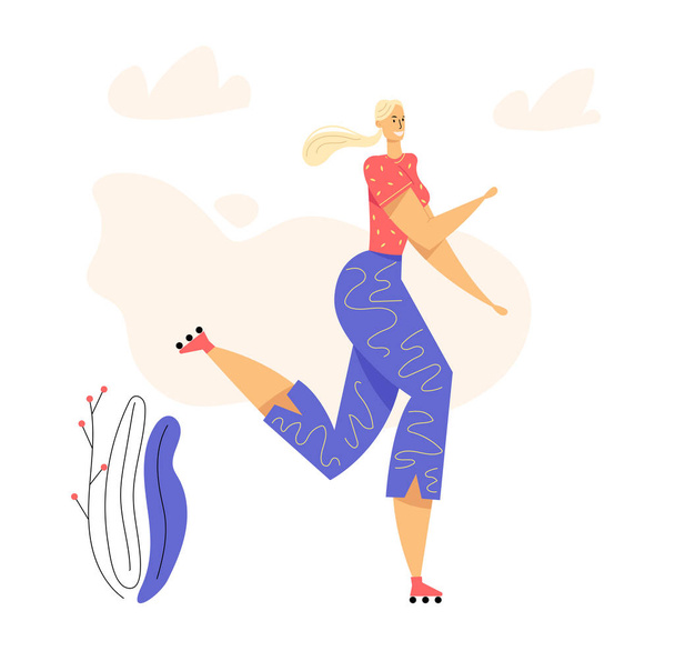 Rollerblading Female Character. Happy Young Woman on Roller Skates. Pretty Girl on Outdoor Leisure Activity. Vector flat cartoon illustration - Vector, Image