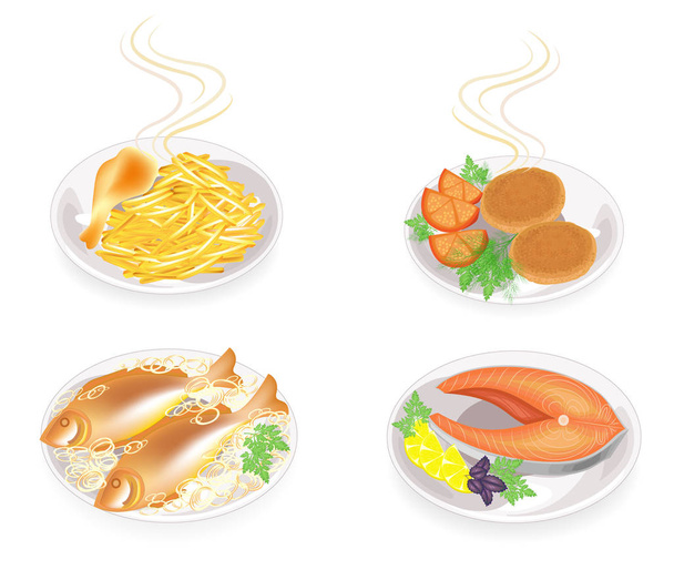 Na płytce kotlety, Shin mięsa kurczaka, ryba. Dekoruj smażone ziemniaki, cebulę, pomidory, zielone Koper, bazylię i natkę pietruszki. Smaczne i pożywne jedzenie. Ilustracja wektorowa - Wektor, obraz