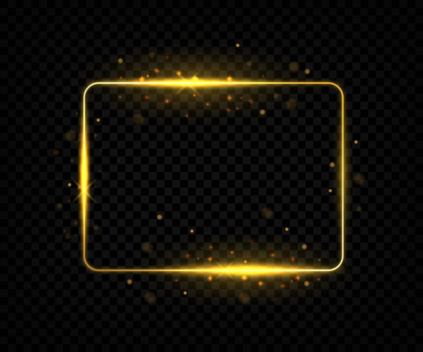 Gouden vierkante frame. Glanzende randlijnen met fakkels en sparkles, gele rechthoek vorm met gloeiende effect. Vector gouden teken - Vector, afbeelding