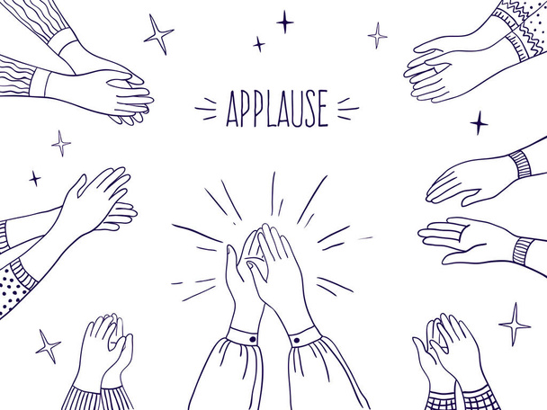 Аплодисменти Додл. Щасливі люди руки, п'ять ілюстрацій, ескізний малюнок плескаючих рук. Векторна угода та концепція успіху
 - Вектор, зображення