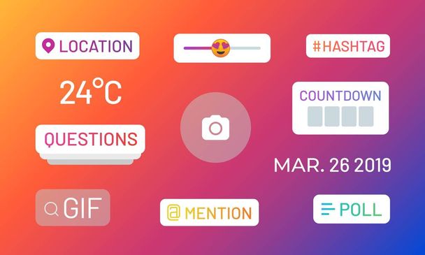 Instagram Stories polls. Social Media iconen en functionele stickers, hashtag locatie vermelding poll Slider. UI-elementen voor vector verhalen - Vector, afbeelding