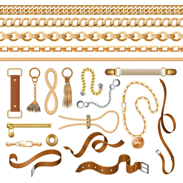 Chain and belt elements. Golden braid leather strap and furniture, fashion ornamental elements. Vector baroque bracelets and buckles - Vektor, obrázek