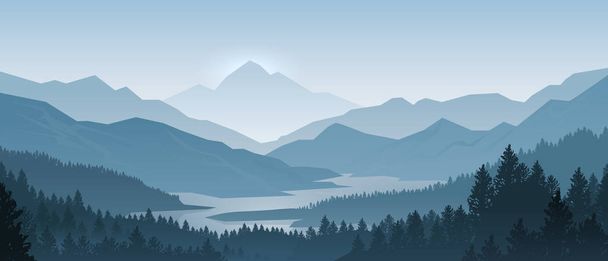 Montañas realistas paisaje. Panorama matutino de madera, pinos y siluetas montañosas. Fondo forestal vectorial
 - Vector, imagen