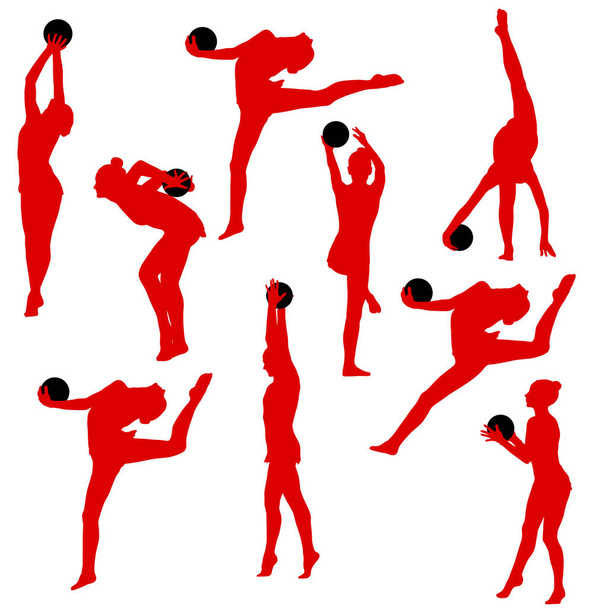 Set silhouette fille gymnaste avec la balle sur fond blanc
 - Vecteur, image