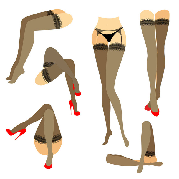 Συλλογή. Σιλουέτα από λεπτή όμορφη γυναικεία πόδια. Η κυρία είναι σε διαφορετικές στάσεις. Κορίτσια ντυμένοι με μοντέρνες κάλτσες και παπουτσάκια με κόκκινα τακούνια. Σύνολο απεικόνισης διανυσματικών φορέων - Διάνυσμα, εικόνα