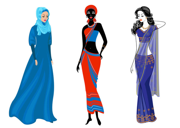 Μια συλλογή από όμορφες κυρίες. Ένας μουσουλμάνος, ένα Αφρο-Αμερικάνικο κορίτσι και μια Ινδή γυναίκα. Εθνικά ρούχα. Σύνολο διανυσματικών απεικονίσεων - Διάνυσμα, εικόνα
