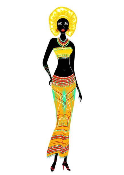 Λεπτή όμορφη Αφρο-Αμερικάνα κυρία. Το κορίτσι έχει φωτεινά ρούχα, ένα τουρμπάνι στο κεφάλι της. Η γυναίκα είναι λεπτή και όμορφη. Απεικόνιση διανυσματικών φορέων - Διάνυσμα, εικόνα