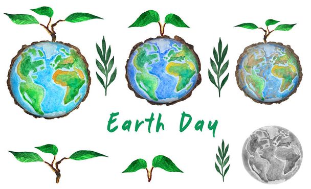 День Земли. Набор ростков земного шара и деревьев, акварельная иллюстрация
 - Фото, изображение