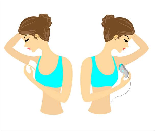 Profile of two girls. The ladies do the depilation of the underarms themselves. Remove the hair with a gel, wax and epilatory. Vector illustration - Vector, Image