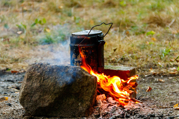 Cuisiner sur le feu de camp dans le camping
 - Photo, image